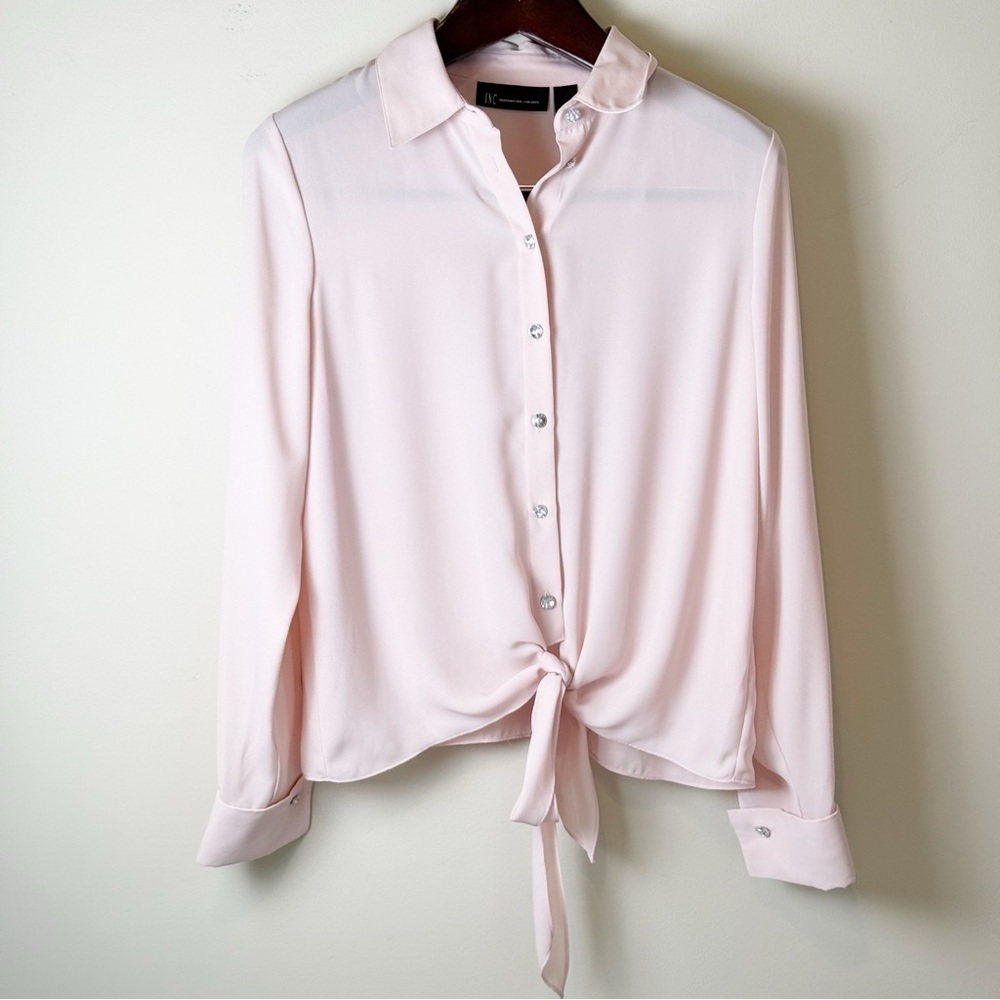 INC International Concepts Pale Pink Button-Front Tie Hem Blouse